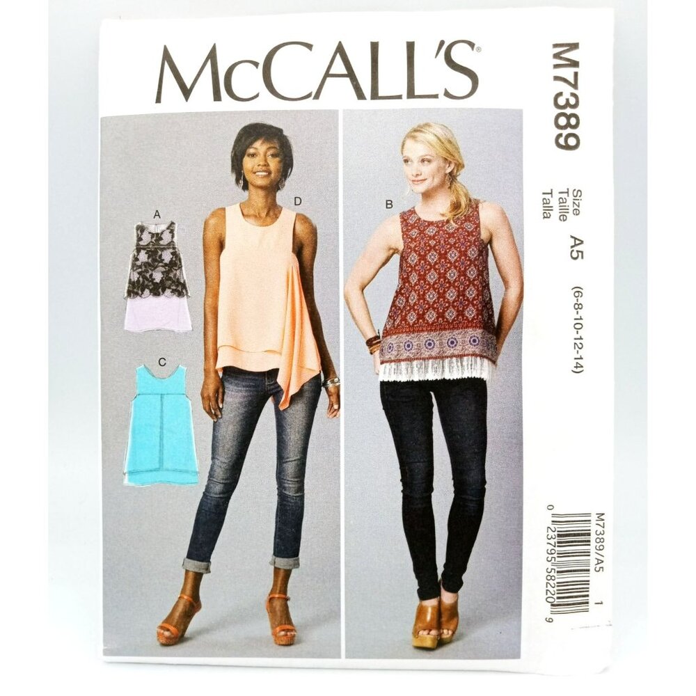 McCalls Pattern M7389 SZ A5 US 6-14 Misses Pullover Top Overlay Variations Uncut